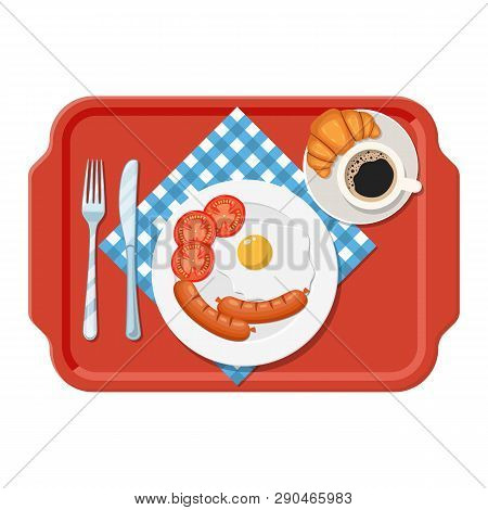 Plastic Tray. Breakfast Concept. Appetizing Delicious Breakfast Of Coffee, Fried Egg With Sausage, C