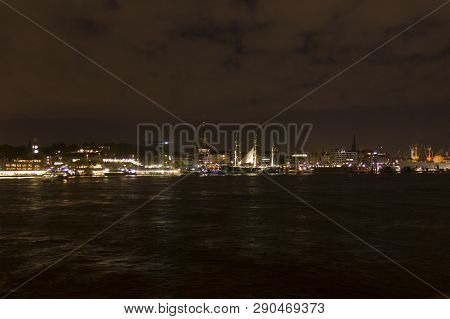 View Of The St. Pauli Piers By Night, One Of Hamburg's Major Tourist Attractions. Hamburg, Germany.
