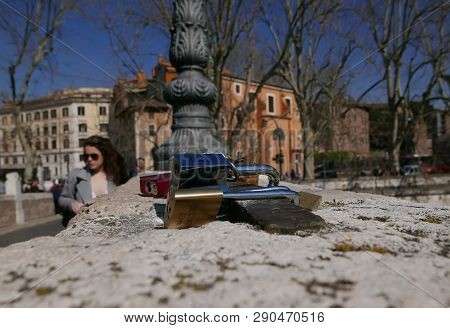 Rome, Italy - March 3 2019: Padlocks On Pons Fabricius Bridge, Love Locks Are A Symbol Of Love And C