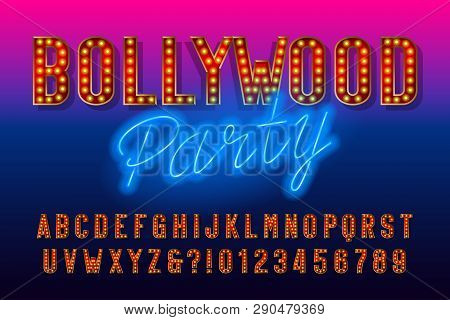Bollywood Party Alphabet Font. Retro Letters And Numbers With Light Bulb. Vector Typescript For Your