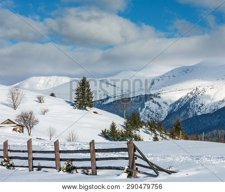 Winter  Morning Scenery Picturesque Mountain Rural Snow Covered Path And Footprint On Hill Top (ukra
