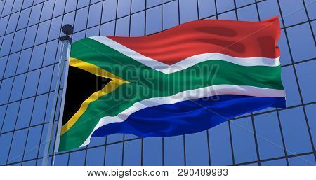 South African Flag On Skyscraper Building Background. Pretoria, Capetown. 3d Illustration