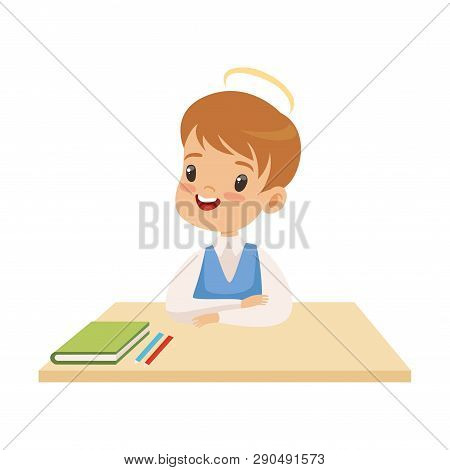 Little Boy With Halo On His Head Sitting At Desk, Cute Child With Good Manners Vector Illustration