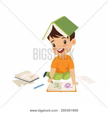 Cute Naughty Boy Ripping Pages Of Book And Writing On It, Bad Child Behavior Vector Illustration