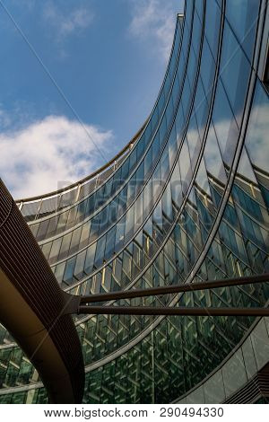 Warsaw Poland. February 18, 2019. Business Center. Glass Building. Against The Sky.