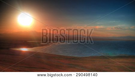 Aerial,panorama Of Song Kul Lake At The Sunset, Kyrgyzstan