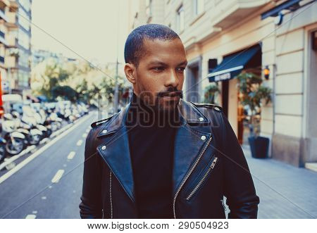 Confident Stylish African American Man Wearing Black Leather Jacket Outdoor. Street Wear Fashion Bla
