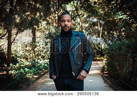 Confident Stylish African American Man Wearing Black Leather Jacket Outdoor. Street Wear Fashion Bla