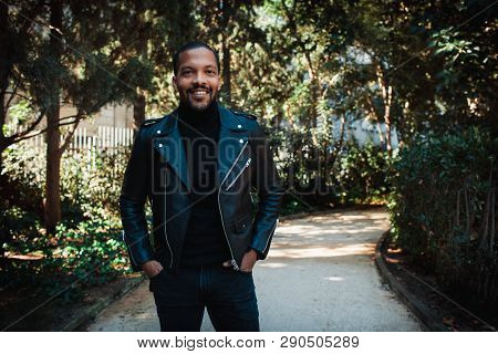 Confident Stylish African American Man Wearing Black Leather Jacket Outdoor. Street Wear Fashion Bla