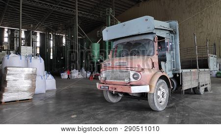 Sekinchan, Malaysia- Mar 15, 2019: Truck Parks In The Rice Factory In Sekinchan, Malaysia
