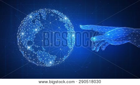 Polygon network human hand touching glowing world globe. Smart contract agreement, blockchain and cryptocurrency, business network and 4IR Fourth Industrial Revolution concept.