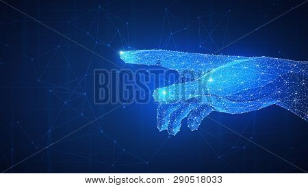 Polygon network human hand touch the future. Smart contract agreement, blockchain and cryptocurrency, business network and 4IR Fourth Industrial Revolution concept.