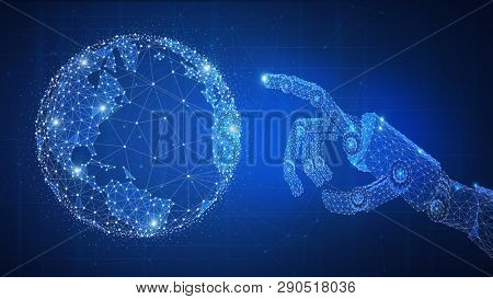 Robotic arm touching globe futuristic hud background. Polygon robo hand as a concept of automatization, robotic technology, industrial revolution and artificial intelligence. Low poly design.