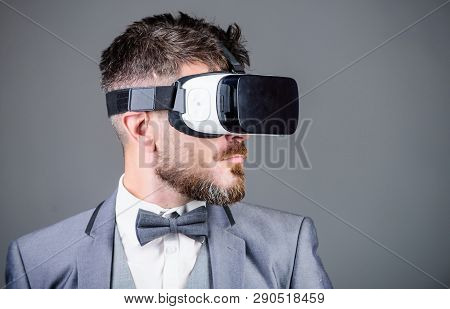 Business Man Virtual Reality. Modern Gadget. Innovation And Technological Advances. Business Impleme