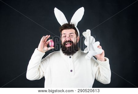 Man Handsome Face Wear White Bunny Ears. Easter Bunny. White Bunny Symbol Of Easter Holiday. Soft An