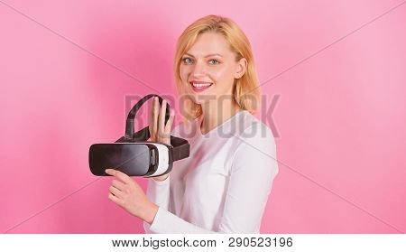 Excited Smiling Businesswoman Wearing Virtual Reality Glasses. Woman Watching Virtual Reality Vision