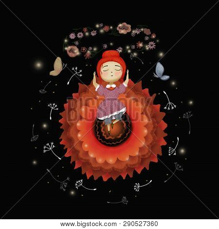Postcard Little Red Flower Fairy Dancing In The Center Of The Flower