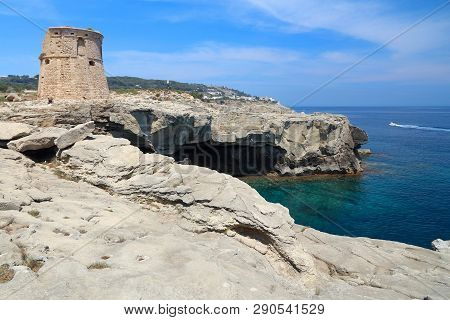 Torre Di Porto Miggiano - Medieval Fortification Tower In Italy. Santa Cesarea Terme.