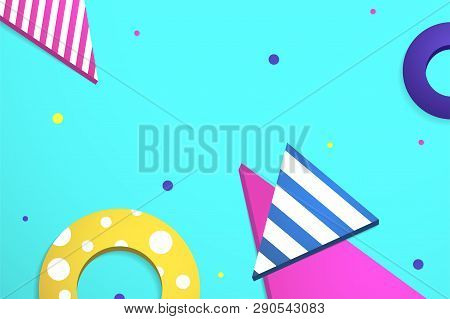 Abstract geometric background Vector illustration Triangles and circles of different colors and with different patterns are randomly scattered on a turquoise backdrop