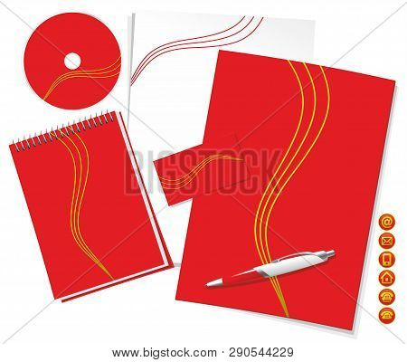 Red Folder, Notebook, Compact Disc, Business Card, Form And Pen