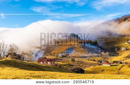 Rural Landscape With Fog In Sirnea - Fundata Village, Transylvania Landmark, Romania