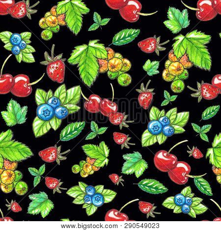 Watecolor Seamless Pattern With Berries And Leaves Isolated On Dark Background. Perfect For Design, 