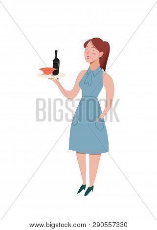 Waitress. Nice Girl Smile With Tray In Hand. Female Standing In A Dress Of Blue Color, Holds A Tray 