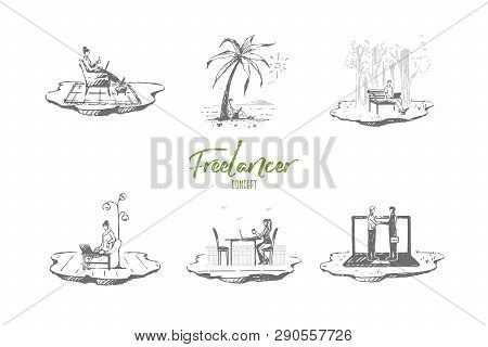 Freelancer - People Working With Laptops On Nature Outdoors And In Comfortable Places Vector Concept