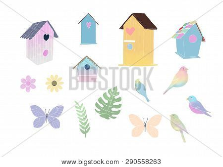 Set With Birds, Birdhouse, Butterfly, Leaves And Flowers. Watercolor Set Cute Birds And Birdhouse. I