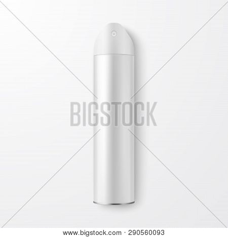 Vector 3d Realistic White Blank Spray Can, Spray Air Freshener Bottle Closeup Isolated On White Back