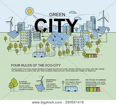 Green City, Smart City Concept. Modern Eco-friendly Technology. Panorama Of The City In The Style Of