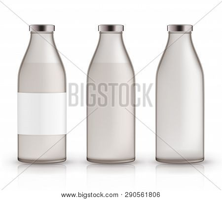 Empty, Full, Closed Milk Jars. Realistic Glass Bottles With Liquid, Label.
