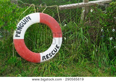 Moeraki New Zealand - October 23 2018; Red And White Life Buoy With Words Penguin Rescue.