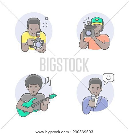 Flat Line Icons Set Of Media Professions Avatars. This Set Includes Some Professions Such As Photogr