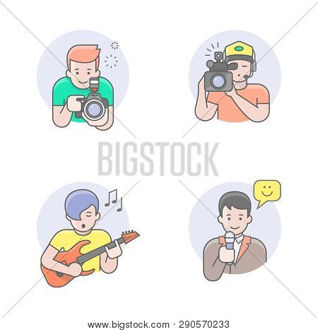 Flat Line Icons Set Of Media Professions Avatars. This Set Includes Some Professions Such As Photogr