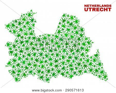 Vector Cannabis Utrecht Province Map Mosaic. Concept With Green Weed Leaves For Cannabis Legalize Ca