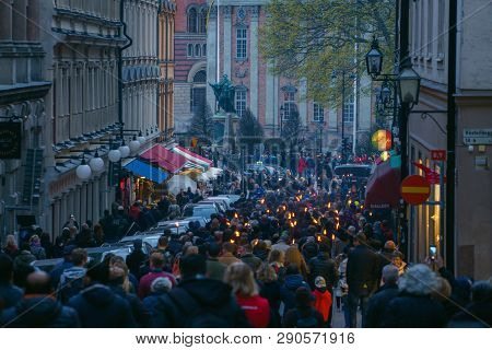 Stockholm, Sweden - Apr 30, 2018: Celebration Of Walpurgis Night, People Gathering On The Street Wit