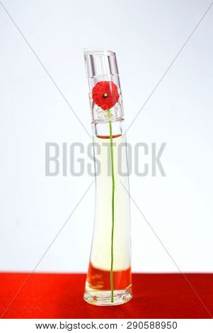 Prague, Czech Republic- January 22, 2019. Perfume KENZO bottle on white background.  Kenzo Flower Perfume