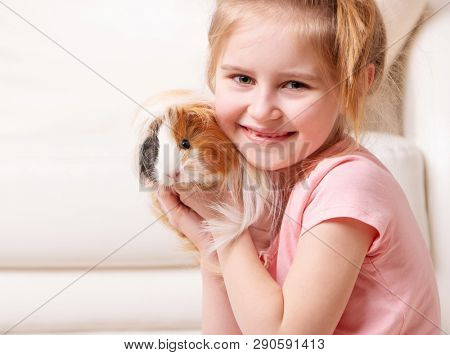 Cute little girk having a lot of fun with peruvian guinea pig