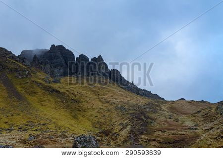 The landscape around the Old Man of Storr and the Storr cliffs, the famous attraction in Isle of Skye, Scotland, United Kingdom