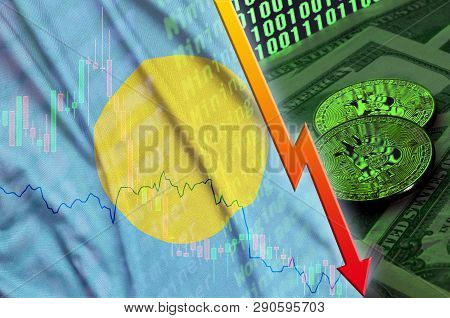 Palau Flag And Cryptocurrency Falling Trend With Two Bitcoins On Dollar Bills And Binary Code Displa