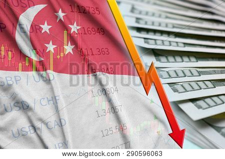 Singapore Flag And Chart Falling Us Dollar Position With A Fan Of Dollar Bills