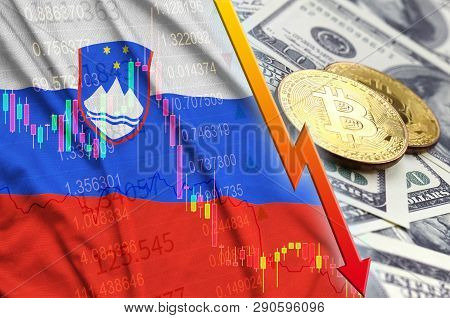 Slovenia Flag And Cryptocurrency Falling Trend With Two Bitcoins On Dollar Bills