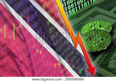 Trinidad And Tobago Flag And Cryptocurrency Falling Trend With Two Bitcoins On Dollar Bills And Bina