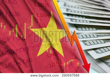Vietnam Flag And Chart Falling Us Dollar Position With A Fan Of Dollar Bills
