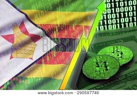 Zimbabwe Flag And Cryptocurrency Growing Trend With Two Bitcoins On Dollar Bills And Binary Code Dis