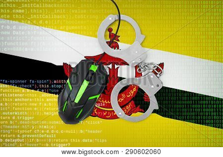 Brunei Darussalam Flag  And Handcuffed Computer Mouse. Combating Computer Crime, Hackers And Piracy