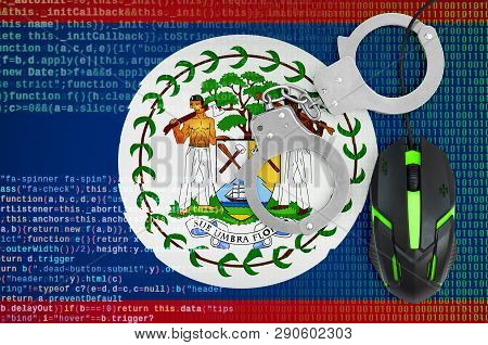 Belize Flag  And Handcuffed Computer Mouse. Combating Computer Crime, Hackers And Piracy