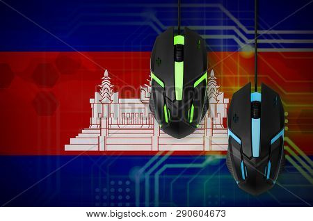 Cambodia Flag  And Two Mice With Backlight. Online Cooperative Games. Cyber Sport Team