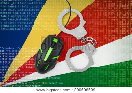 Seychelles Flag  And Handcuffed Computer Mouse. Combating Computer Crime, Hackers And Piracy